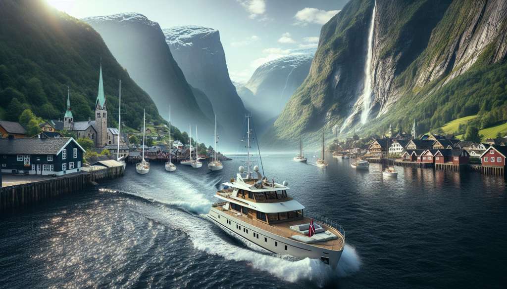 Fjordlandschap met jachten en waterval in Noorwegen.